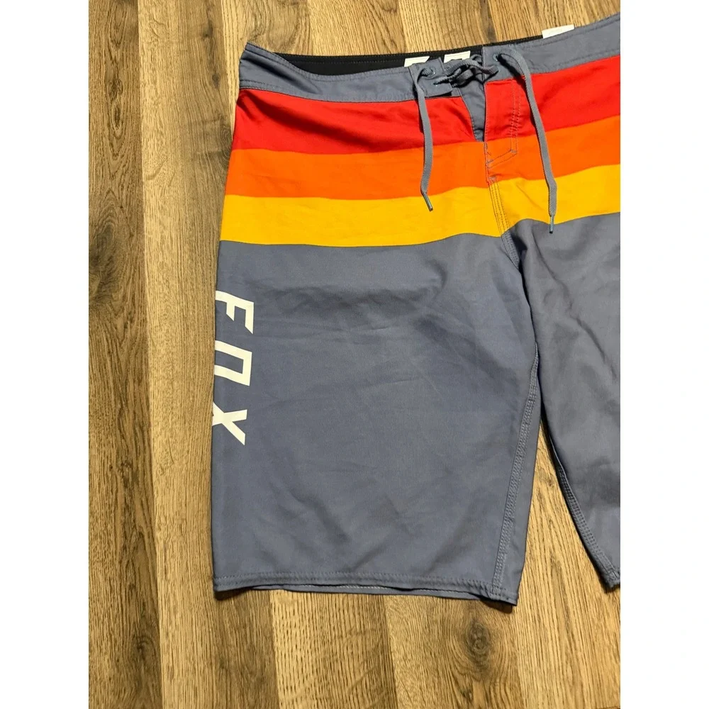Fox Racing Board Shorts Mens Size 36 Blue Striped Swim Trunks Surf Retro Logo